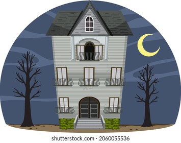 Isolated haunted mansion facade at night illustration