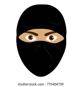An isolated head of a black ninja with brown eyebrows and eyes.