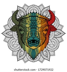 Isolated head of a bull, buffalo, bison on a circular ornament drawn by hand. Ethical pattern on a white background.