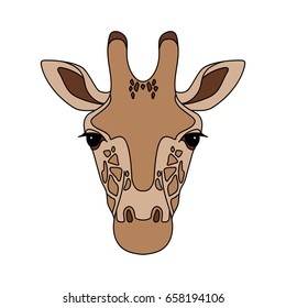 Isolated head of giraffe on white background. Colored cartoon face portrait.
