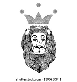 Isolated head lion with decorative crown in hand drawn style. Black and white color. For sticker or tatoo. Scetch. Trendy Vintage style element. Coloring book.