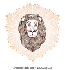 Isolated head lion on mandala background in hand drawn style. Brown and orange colors. For sticker or tatoo. Scetch. Trendy Vintage style element. Coloring book.