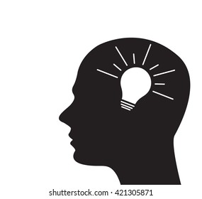 Isolated head of a person with a lightbulb on a white background