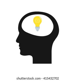 Isolated head of a person with a lightbulb with a science icon on a white background