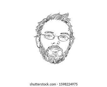 Isolated head of unshaven man wearing eyeglasses, with shaggy hair and with satisfied enlightened look, Hand drawn vector sketch