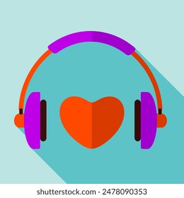 Isolated Headphone with Orange Heart on Pastel Blue Background.