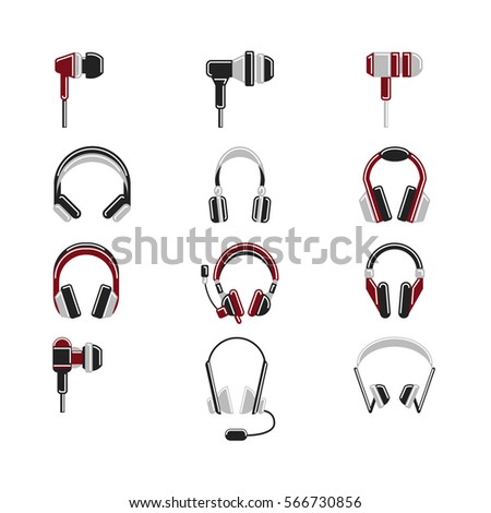 Isolated headphones set on white background. Headphone and earphone. Audio equipment.