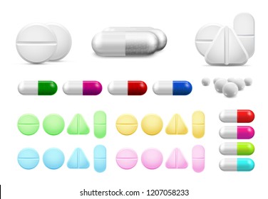 Isolated healthcare white pills, antibiotics or painkiller drugs. Vitamin pill, antibiotic capsule tablet and pharmaceutical drug painkillers cure or treatment drugs medicine realistic vector set