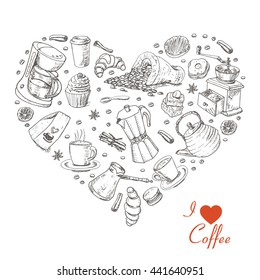 The isolated heart of coffee on white background. Vector illustration for your design