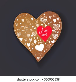 Isolated heart in the form of a cake or biscuit with inscriptions: "happy Valentine's Day", "I love you", "My Valentine".