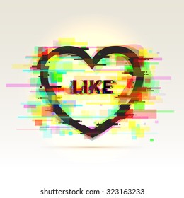 Isolated heart with glitch effect and "Like" text on gradient background with background highlight and shadow. Vector illustration