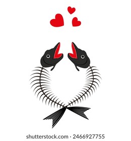 Isolated heart made from a pair of cartoon fish. Cute cartoon decor of two simple textured fish in the shape of a heart. Original clip art for Valentine's Day skeleton