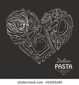 The isolated heart of pasta on a dark background. Vector  illustration for your design