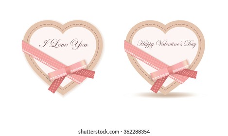 Isolated Heart with Pink Bow, Ribbon and texts Happy Valentine's Day and I Love You on white background (greeting card with shadow)