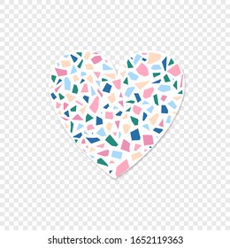 Isolated heart from pink terrazzo texture with sadow on transpaarent background. Relationship concept from mosaic element. Trend logo shape. Vector Illustration