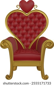 isolated heart shaped throne realistic illustration. gold and red 3d throne front view
