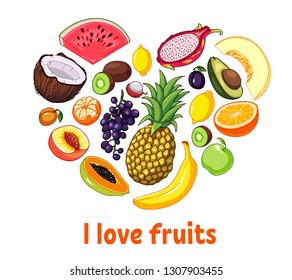Isolated heart silhouette made of  fruits. Healthy food set concept. Hand drawn vector illustration. Isolated on white background. 