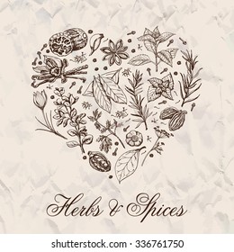 Corazón aislado de especias y hierbas. Ilustración de vectores para su diseño