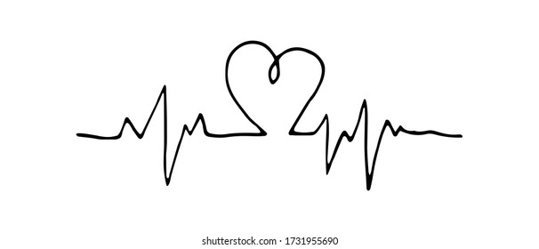 Isolated heartbeat line with heart on white background. Heart rate symbol. Vector doodle illustration. Can be used for topics like medicine, health care, treatment.