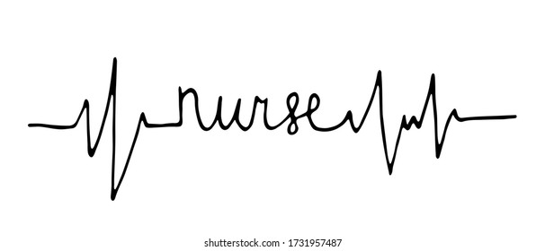 Isolated heartbeat line with nurse on white background. Heart rate symbol. Isolated lettering typography. Vector doodle illustration. Can be used for topics like medicine, health care, treatment.