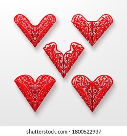 Corazones aislados. El conjunto vectorial del corazón decorativo ornamental. Símbolos de amor.  Corazón de papel enrollado en forma de cono para la decoración de páginas, diseño caligráfico, invitación, felicitación, tarjeta de saludo