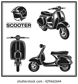 Isolated helmet and scooter front and side view.