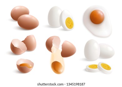 Isolated hen eggs realistic icon set with boiled fried eggs eggshell and yolks vector illustration