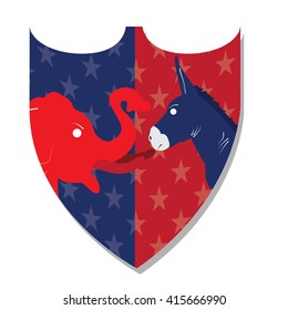 Isolated heraldry shield with both republican and democrat symbols on a white background