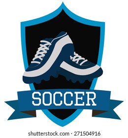 Isolated heraldry shield with a ribbon with text and soccer shoes. Vector illustration
