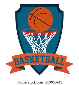 Isolated heraldry shield with a ribbon with text and a basketball net and ball. Vector illustration