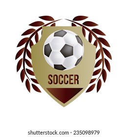 an isolated heraldry shield with text, a soccer ball and a laurel wreath