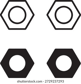 Isolated hex nut icon, hex nut mechanical fastener silhouette, hex nut industrial hardware vector, minimal engineering illustration, isolated hex nut design