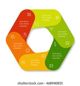 Isolated hexagonal paper infographic layout with 6 options. Connected circular number banner template for diagram, presentation or chart. EPS10 round sequence element.