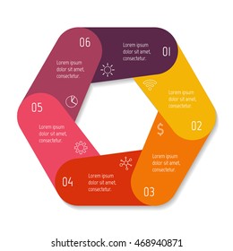Isolated hexagonal paper infographic layout with 6 options. Connected circular number banner template for diagram, presentation or chart. EPS10 round sequence element.