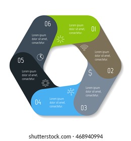 Isolated hexagonal paper infographic layout with 6 options. Connected circular number banner template for diagram, presentation or chart. EPS10 round sequence element.