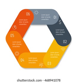 Isolated hexagonal paper infographic layout with 6 options. Connected circular number banner template for diagram, presentation or chart. EPS10 round sequence element.