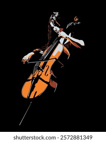 Isolated, high contrast, abstract,  woman playing contrabass illustration.