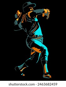 Isolated, high contrast, baseball player is throwing ball illustration.