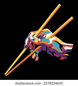 Isolated, high contrast, colorful, hand with chopsticks illustration.