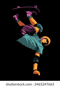 Isolated, high contrast, colorful, jumping skater on black background. Vector illustration.