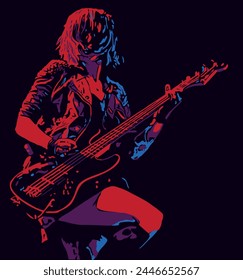 Isolated, high contrast, female rock'n roll singer playing electric guitar. Vector illustration