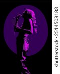 Isolated, high contrast, female singer illustration on black and purple background.