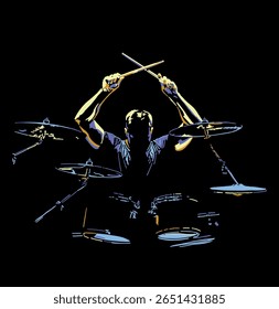 Isolated, high contrast, illustration of drummer playing drums.