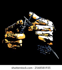 Isolated, high contrast, knitting hands on black beackground, vector illustration.