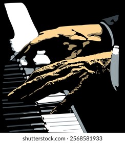 Isolated, high contrast, playing piano hands, vector illustration.