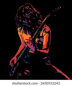 Isolated, high contrast, rock'n roll singer playing electric guitar.