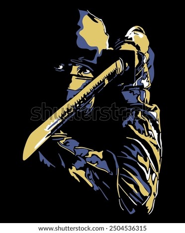 Isolated, high contrast, vector illustration of ninja assassin with sword. 