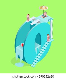 Isolated High Quality Isometric Blue Number Zero on Green Background. Vector Illustration.