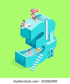 Isolated High Quality Isometric Blue Number Three on Green Background. Vector Illustration.