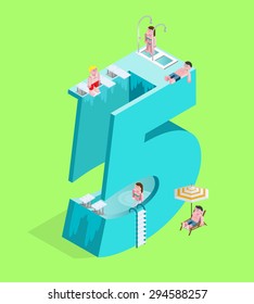 Isolated High Quality Isometric Blue Number Five on Green Background. Vector Illustration.
